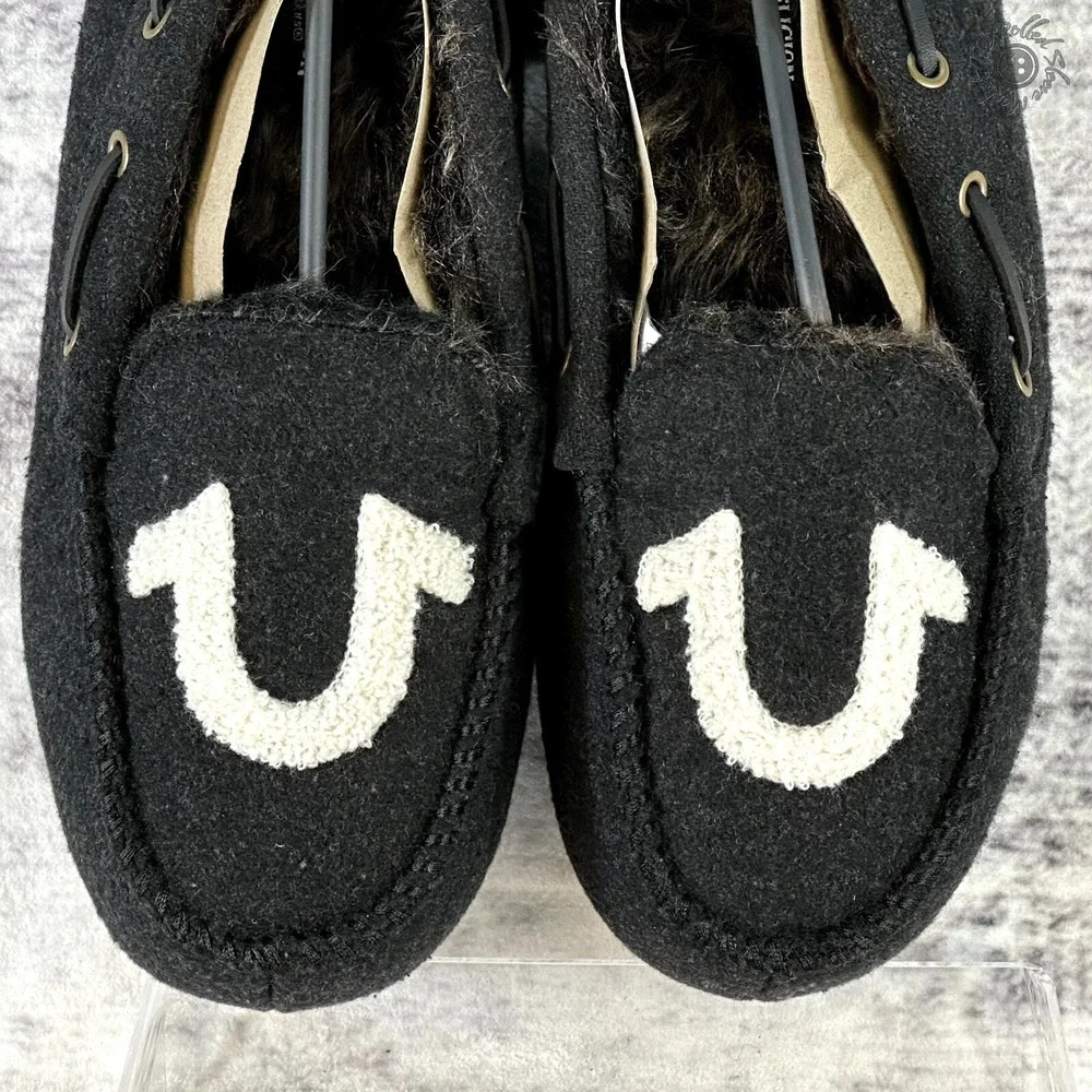NWT True Religion Slippers House Shoes Black & White Brown Lining Mens Small 7-8